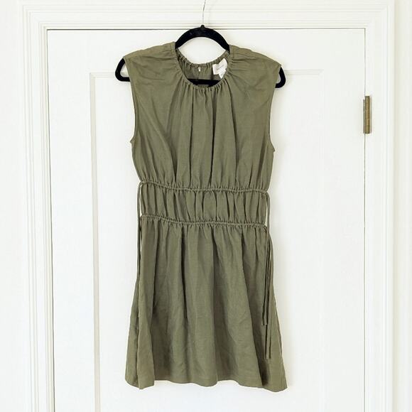 NWOT Anthropologie R.G. KANE Linen Blend Gathered Mini Dress In Olive, Size M - Picture 1 of 8